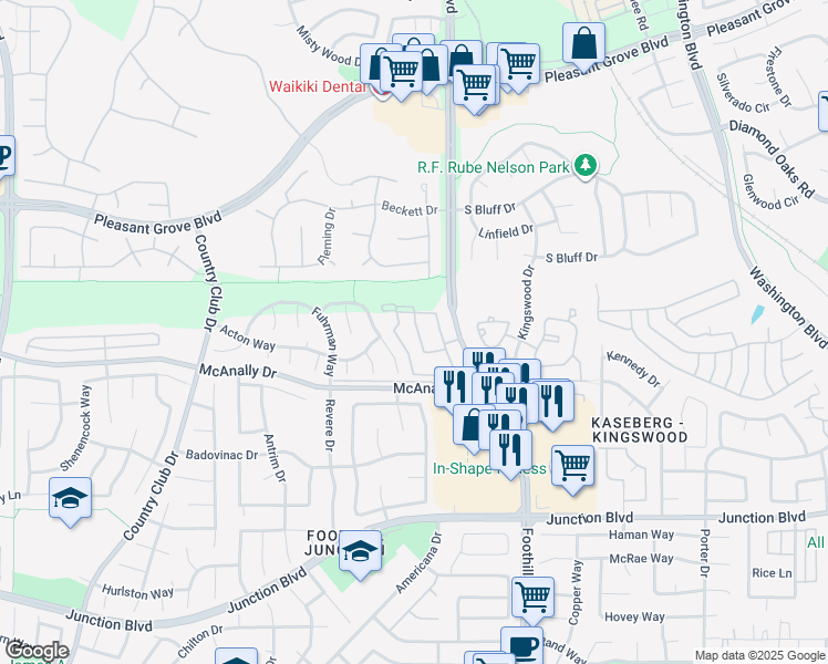 map of restaurants, bars, coffee shops, grocery stores, and more near 5 Marcia Way in Roseville