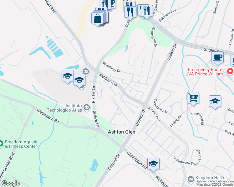 map of restaurants, bars, coffee shops, grocery stores, and more near 10021 Balls Ford Road in Manassas