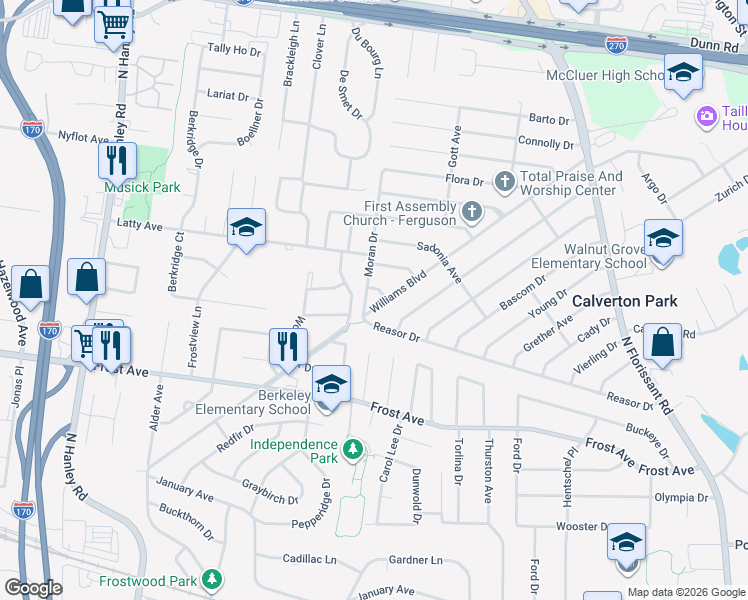 map of restaurants, bars, coffee shops, grocery stores, and more near 280 Williams Boulevard in St. Louis