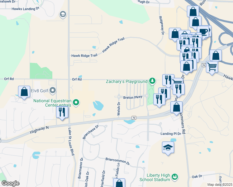 map of restaurants, bars, coffee shops, grocery stores, and more near 7136 Welsh Drive in Lake Saint Louis