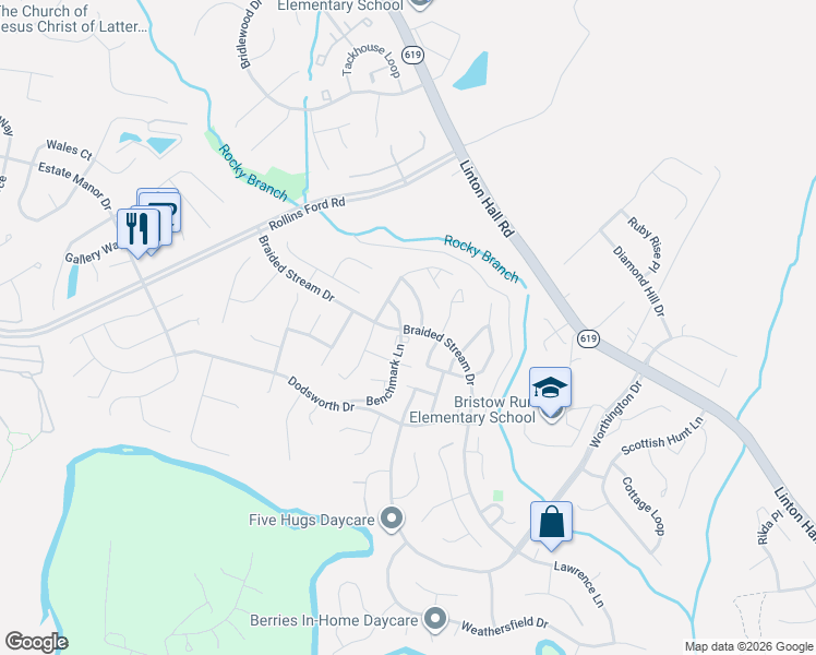 map of restaurants, bars, coffee shops, grocery stores, and more near 8849 Swordstone Lane in Bristow