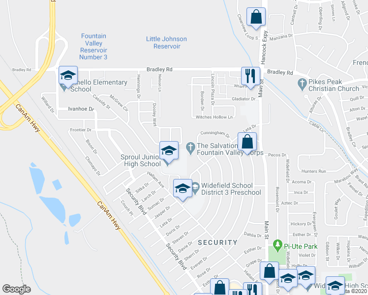 map of restaurants, bars, coffee shops, grocery stores, and more near 4850 Hennings Drive in Colorado Springs