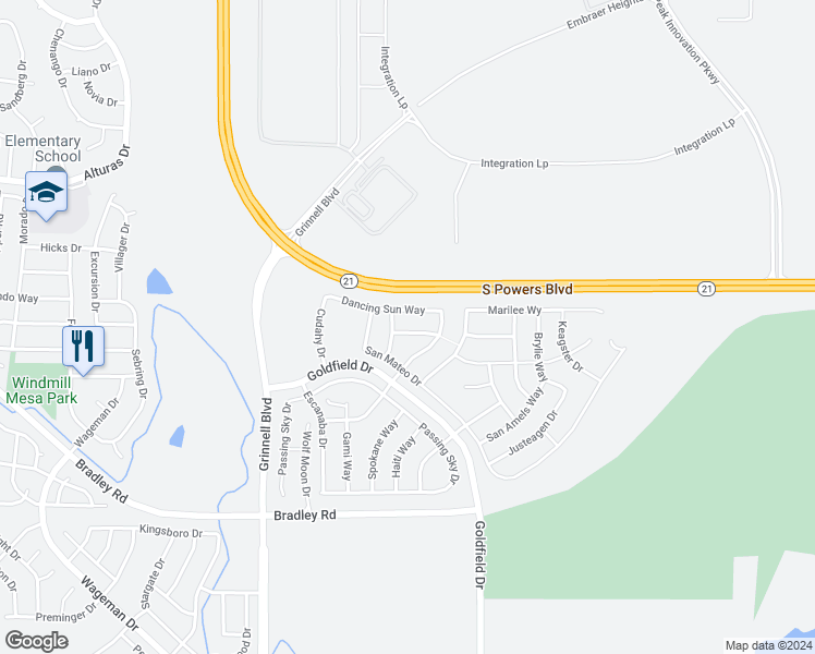 map of restaurants, bars, coffee shops, grocery stores, and more near 6022 Santo Domingo Road in Colorado Springs