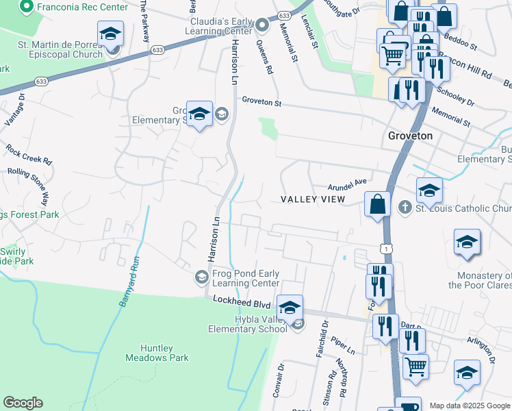 map of restaurants, bars, coffee shops, grocery stores, and more near 7019 Polins Court in Alexandria