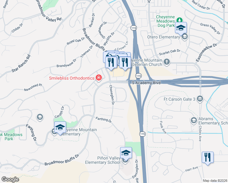 map of restaurants, bars, coffee shops, grocery stores, and more near 4439 Spiceglen Drive in Colorado Springs