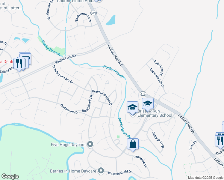 map of restaurants, bars, coffee shops, grocery stores, and more near 13406 Catapult Lane in Bristow