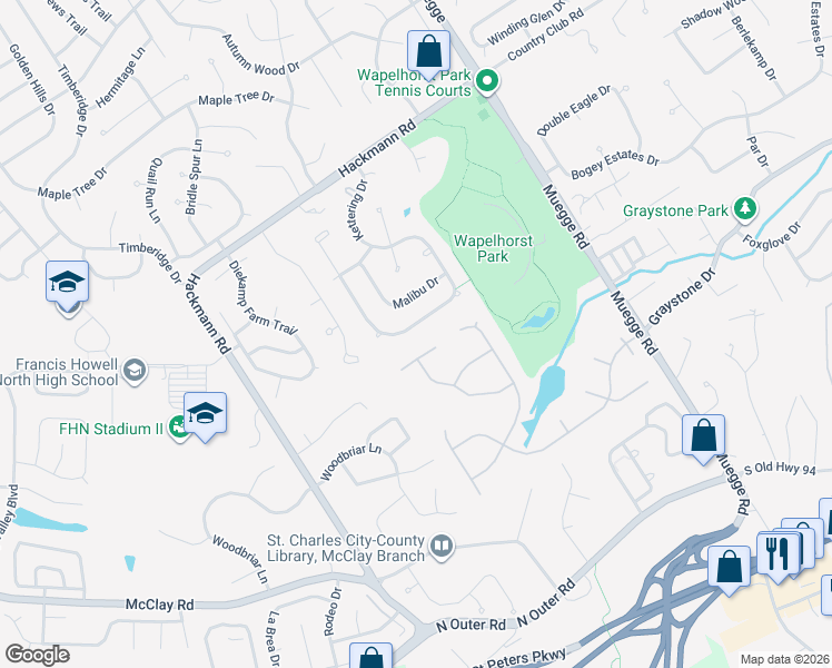 map of restaurants, bars, coffee shops, grocery stores, and more near 2760 Kettering Drive in Saint Charles