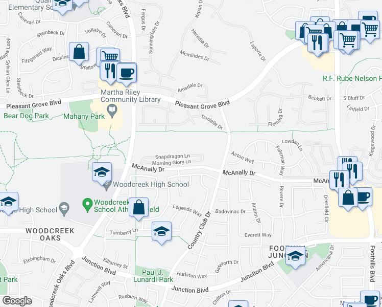 map of restaurants, bars, coffee shops, grocery stores, and more near 1472 Snapdragon Lane in Roseville