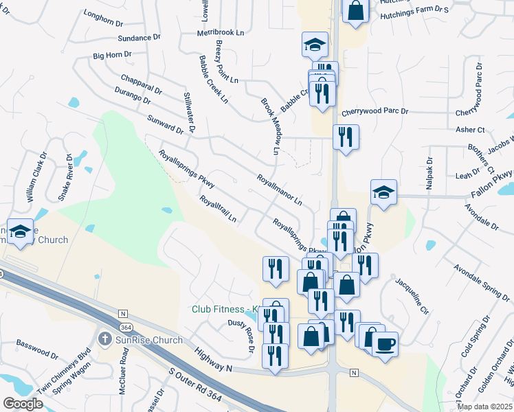 map of restaurants, bars, coffee shops, grocery stores, and more near 209 Royallsprings Parkway in O'Fallon