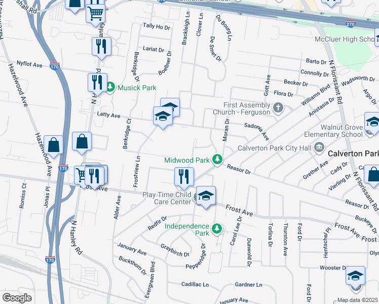 map of restaurants, bars, coffee shops, grocery stores, and more near 6909 Woodhurst Drive in Hazelwood