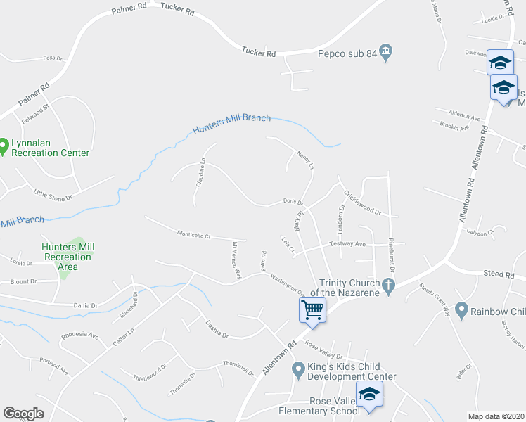 map of restaurants, bars, coffee shops, grocery stores, and more near 9007 Doris Drive in Fort Washington