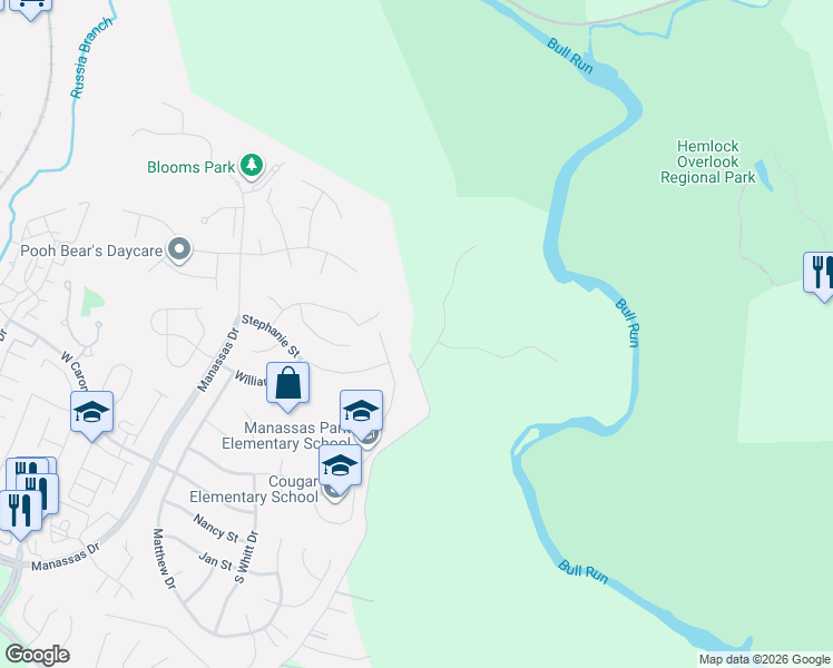 map of restaurants, bars, coffee shops, grocery stores, and more near 8751 Birmingham Drive in Manassas Park