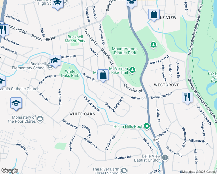 map of restaurants, bars, coffee shops, grocery stores, and more near 2011 Rollins Drive in Alexandria
