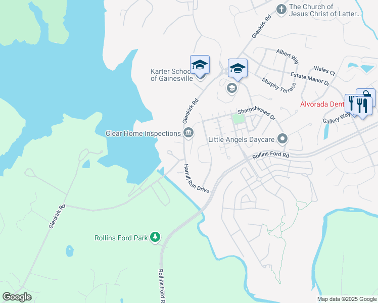 map of restaurants, bars, coffee shops, grocery stores, and more near 14524 Sharpshinned Drive in Gainesville