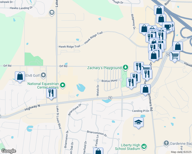 map of restaurants, bars, coffee shops, grocery stores, and more near 8134 Welsh Drive in Lake Saint Louis