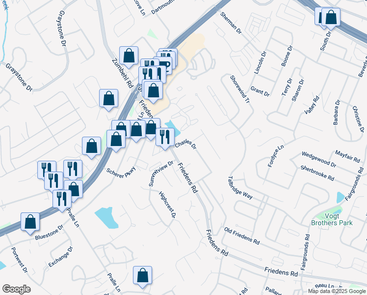 map of restaurants, bars, coffee shops, grocery stores, and more near 21 Charles Drive in Saint Charles