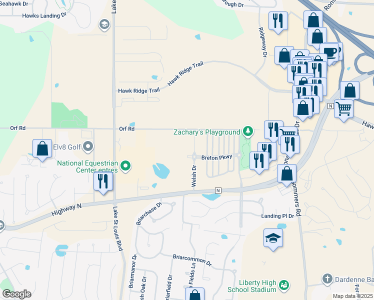 map of restaurants, bars, coffee shops, grocery stores, and more near 7113 Welsh Drive in Lake Saint Louis
