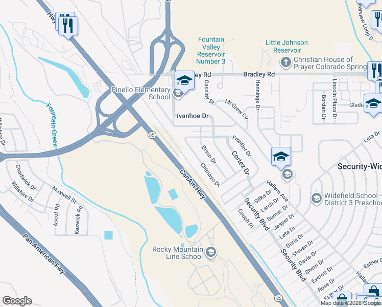 map of restaurants, bars, coffee shops, grocery stores, and more near 2578 Chimayo Drive in Colorado Springs