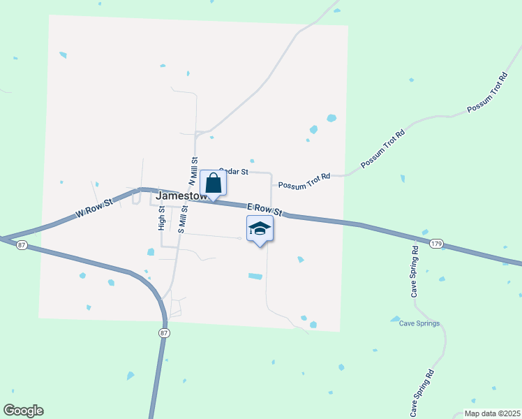 map of restaurants, bars, coffee shops, grocery stores, and more near 103 East Row Street in Jamestown