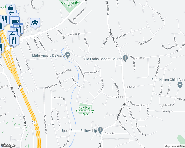 map of restaurants, bars, coffee shops, grocery stores, and more near 7811 New Ascot Lane in Clinton