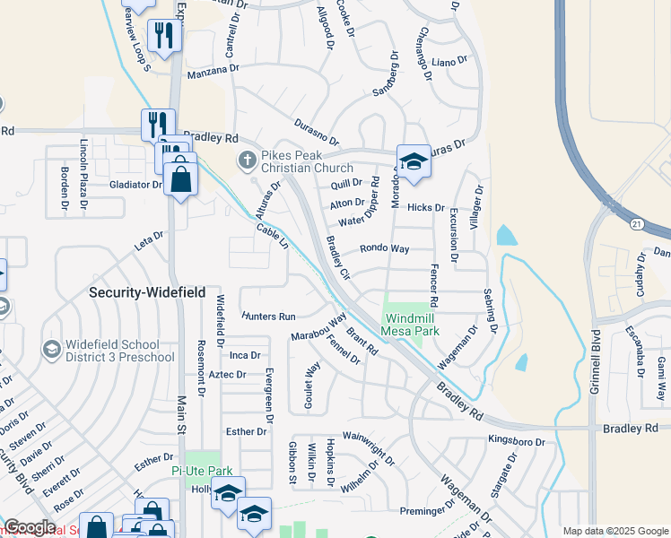 map of restaurants, bars, coffee shops, grocery stores, and more near 5328 Bradley Circle in Colorado Springs