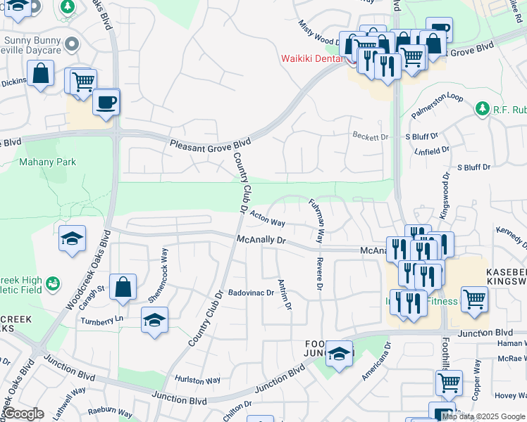 map of restaurants, bars, coffee shops, grocery stores, and more near 1306 Fuhrman Way in Roseville