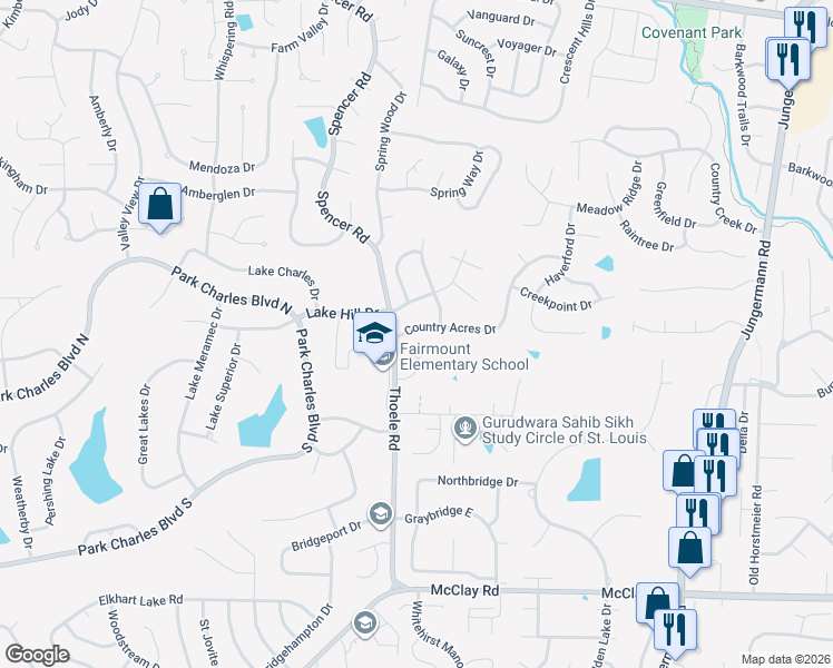 map of restaurants, bars, coffee shops, grocery stores, and more near 1605 Country Acres Drive in St. Peters
