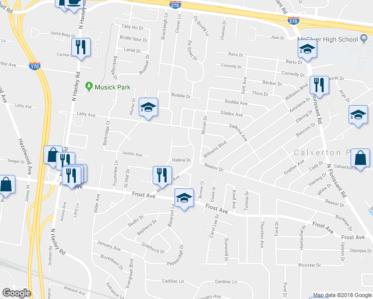 map of restaurants, bars, coffee shops, grocery stores, and more near 8306 Sagewood Lane in Hazelwood