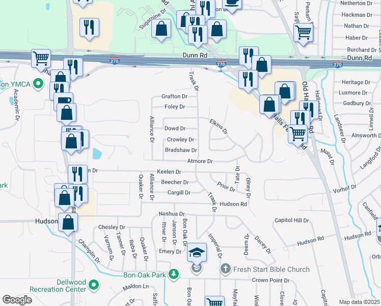map of restaurants, bars, coffee shops, grocery stores, and more near 1755 Atmore Drive in St. Louis