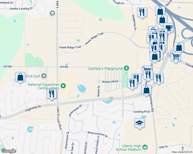 map of restaurants, bars, coffee shops, grocery stores, and more near 8134 Welsh Drive in Lake Saint Louis