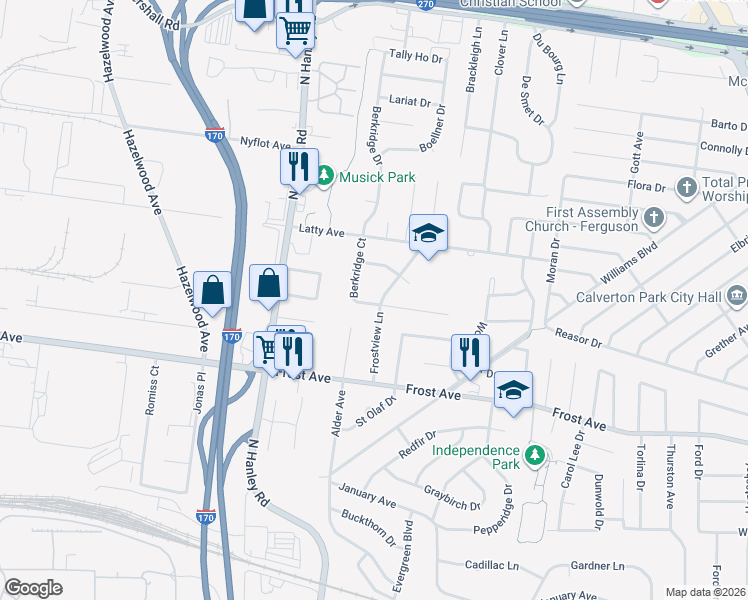 map of restaurants, bars, coffee shops, grocery stores, and more near 8510 Jacklin Avenue in Hazelwood