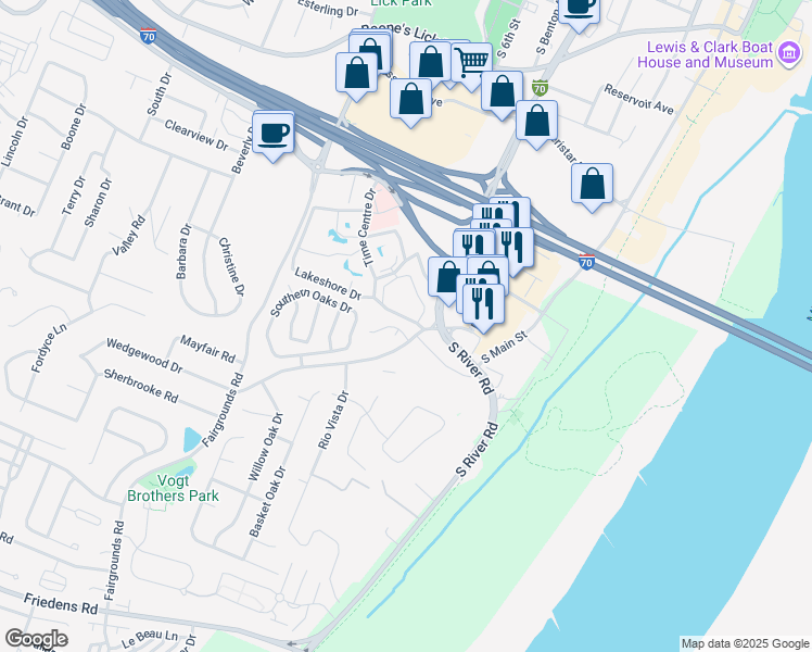 map of restaurants, bars, coffee shops, grocery stores, and more near 1715 South 5th Street in Saint Charles