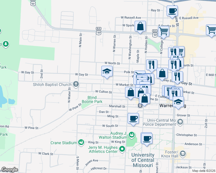 map of restaurants, bars, coffee shops, grocery stores, and more near 301 West Culton Street in Warrensburg