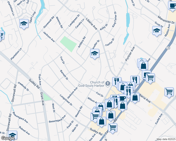 map of restaurants, bars, coffee shops, grocery stores, and more near 8807 Jackson Avenue in Manassas