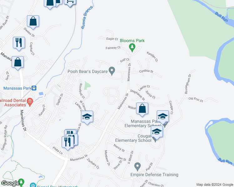 map of restaurants, bars, coffee shops, grocery stores, and more near 9306 Hedgeford Street in Manassas Park