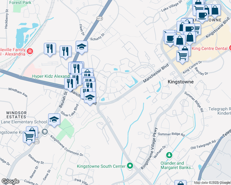 map of restaurants, bars, coffee shops, grocery stores, and more near Curtier Drive in Alexandria