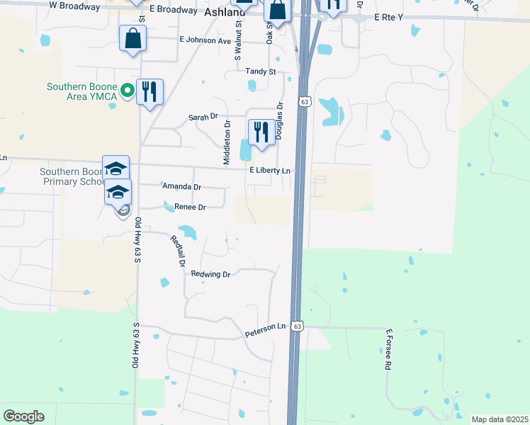 map of restaurants, bars, coffee shops, grocery stores, and more near 15475 US Highway 63 in Ashland
