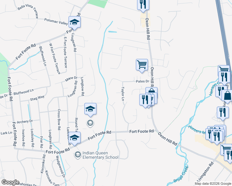 map of restaurants, bars, coffee shops, grocery stores, and more near Hickory Street in Fort Washington