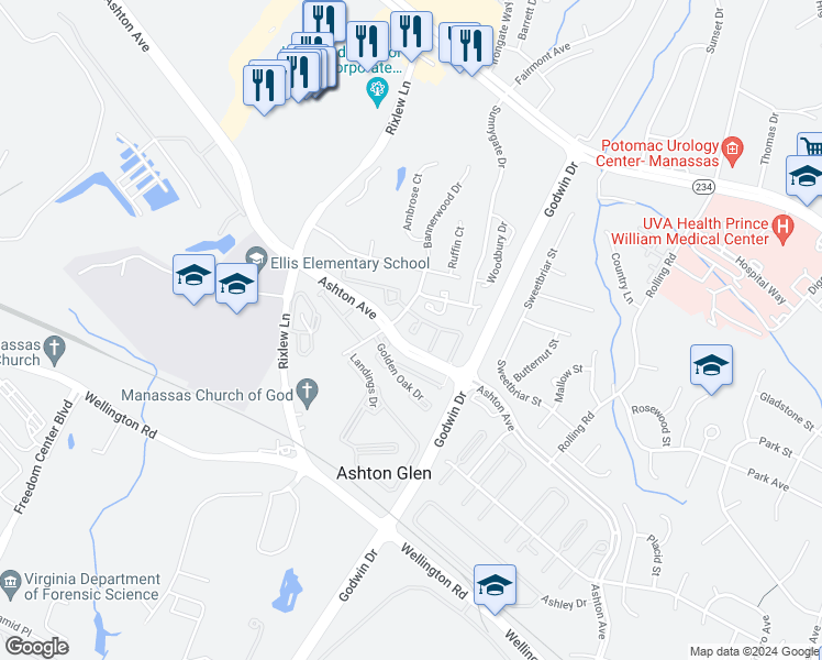 map of restaurants, bars, coffee shops, grocery stores, and more near 8899 Oak Hollow Court in Manassas