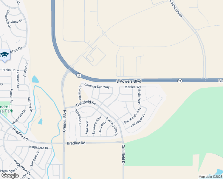 map of restaurants, bars, coffee shops, grocery stores, and more near 6434 Dancing Moon Way in Colorado Springs