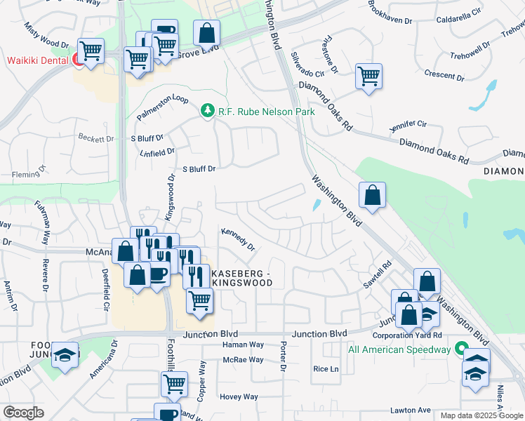 map of restaurants, bars, coffee shops, grocery stores, and more near 236 Lafayette Drive in Roseville