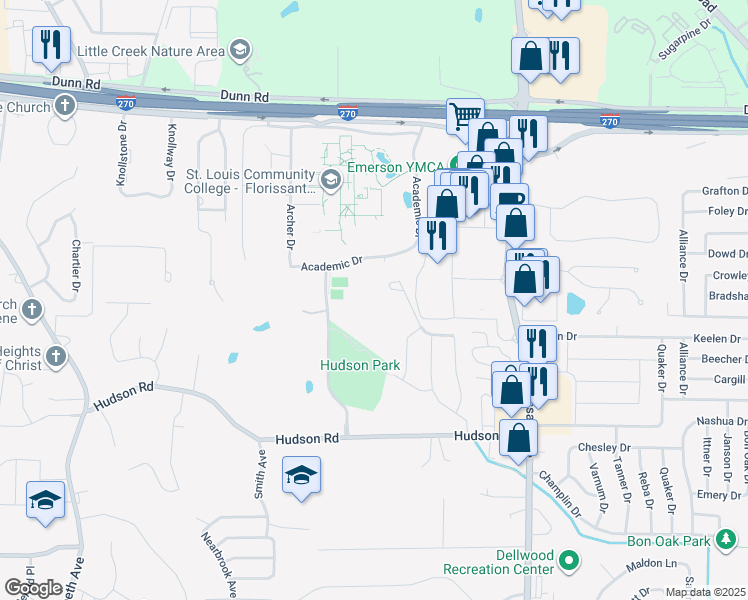 map of restaurants, bars, coffee shops, grocery stores, and more near 1222 Klosterman Drive in Ferguson
