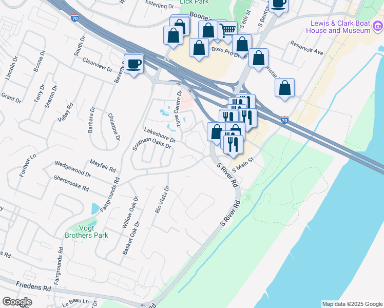 map of restaurants, bars, coffee shops, grocery stores, and more near 1715 South 5th Street in Saint Charles