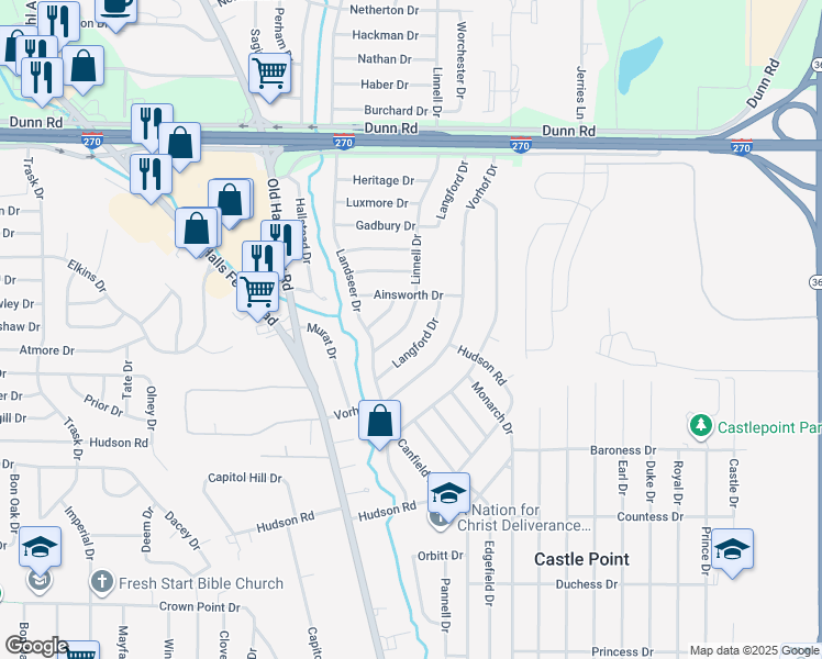 map of restaurants, bars, coffee shops, grocery stores, and more near 10539 Langford Drive in St. Louis
