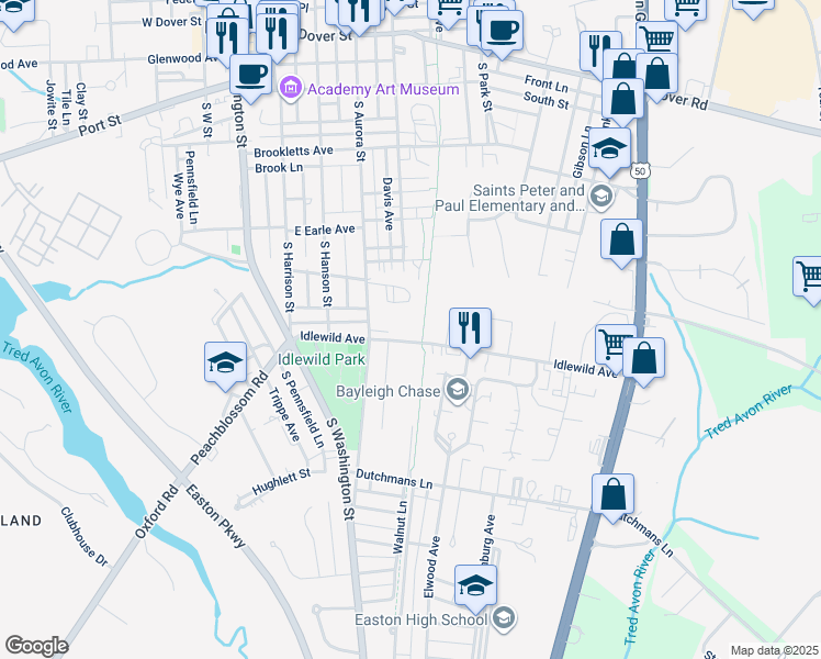 map of restaurants, bars, coffee shops, grocery stores, and more near 499 Idlewild Avenue in Easton
