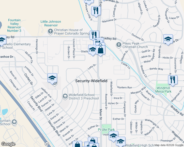 map of restaurants, bars, coffee shops, grocery stores, and more near in Security-Widefield