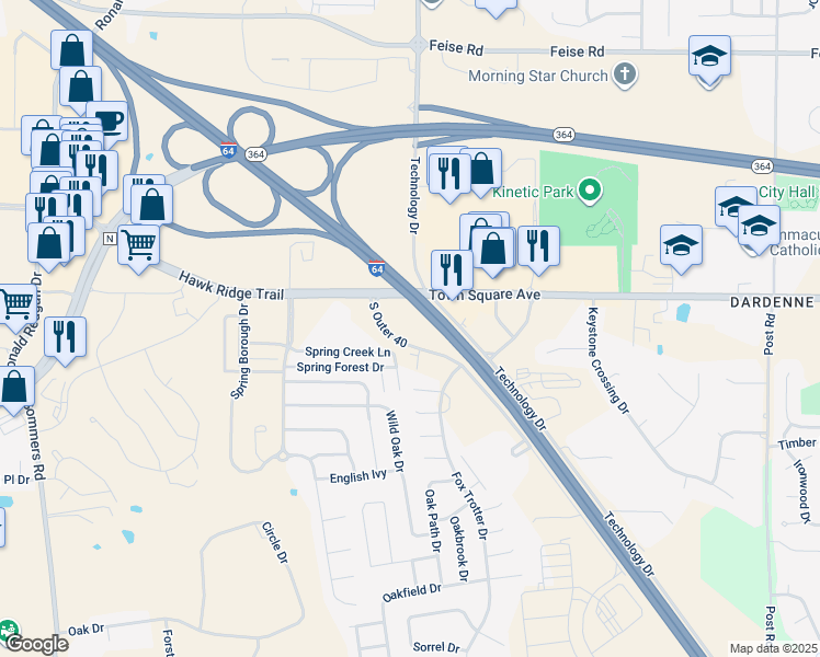 map of restaurants, bars, coffee shops, grocery stores, and more near 12101 Spring Creek Lane in O'Fallon