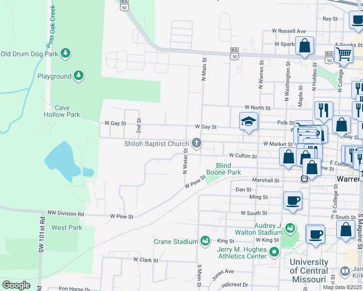 map of restaurants, bars, coffee shops, grocery stores, and more near 601 West Culton Street in Warrensburg