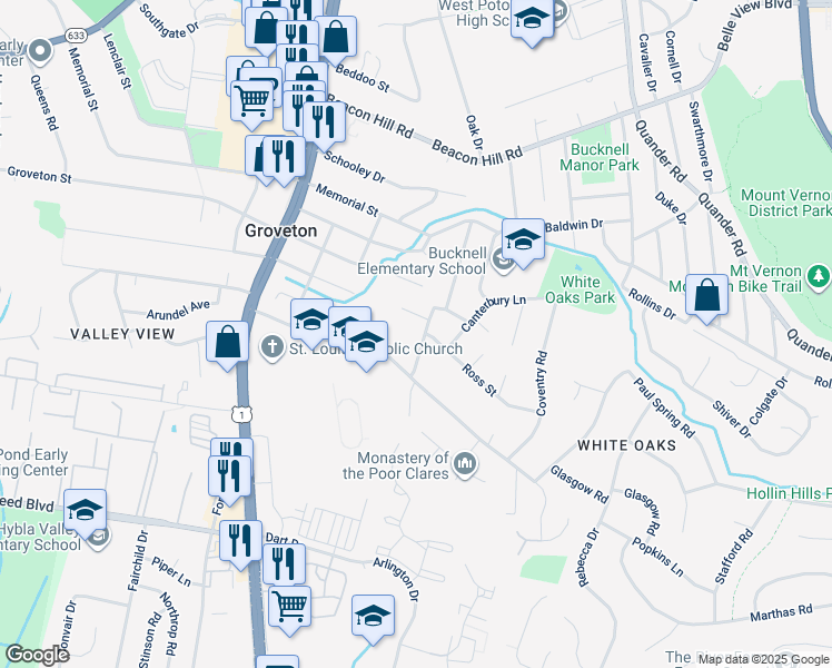 map of restaurants, bars, coffee shops, grocery stores, and more near 7008 Davis Street in Alexandria