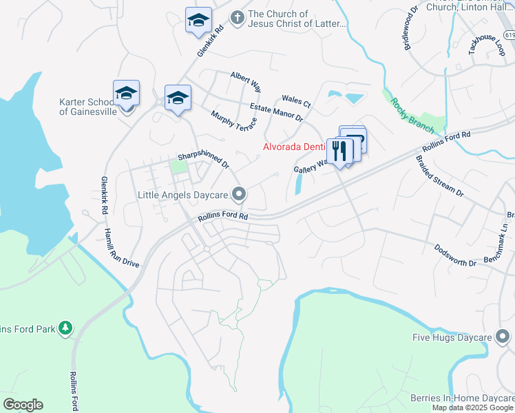 map of restaurants, bars, coffee shops, grocery stores, and more near 14105 Redstart Court in Gainesville